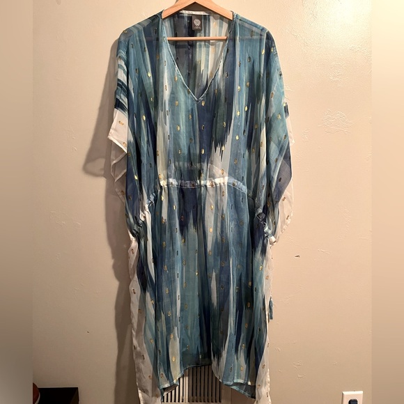 Vince Camuto Blue and White Sheer Kaftan Swim Coverup OSFA - Picture 1 of 12